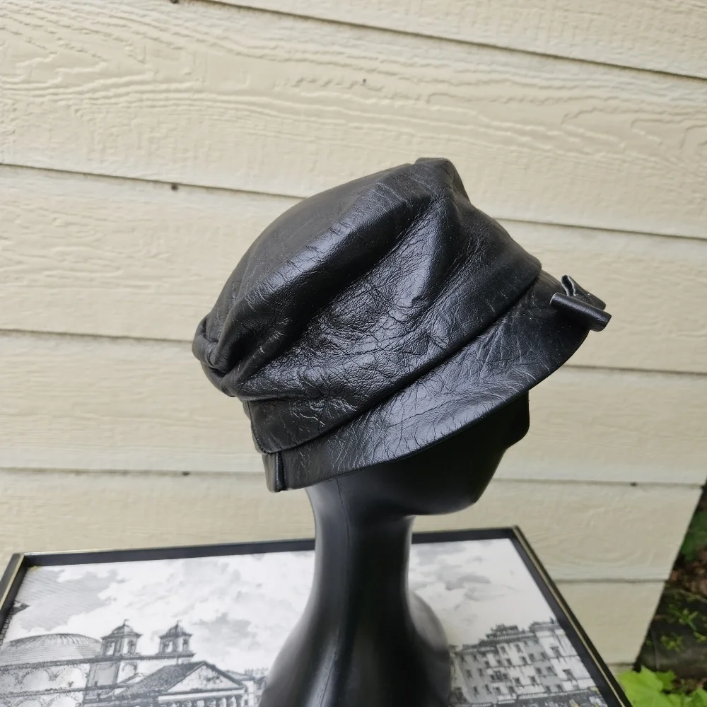 vintage Evelyn Varon black faux leather hat with bow